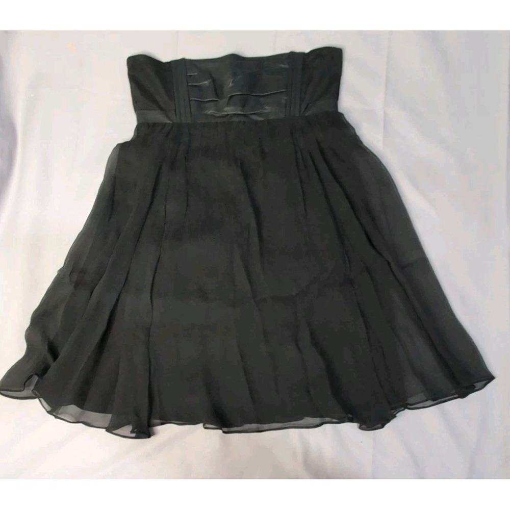 MAJE Strapless Silk Chiffon & Lamb Leather Dress Black Mini Evening Elegant FR40
